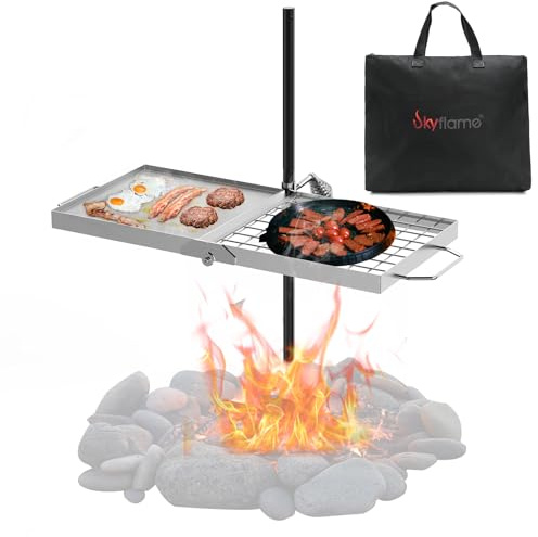 Skyflame Folding Campfire Grill Grate, Stainless Steel Swivel Camping Grill Grate and Griddle with Carrying Bag, Portable Outdoor Cooking Equipment for Open Flame Fire Pit, Backpacking, Camping