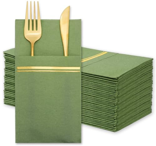JarThenaAMCS 50Pcs Disposable Linen-Feel Dinner Napkins with Built-in Flatware Pockets Sage Green Gold Foil Prefolded Paper Napkin with Cutlery Pouch for Dining Party Table Service Decor