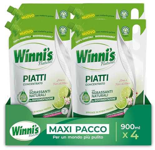 Winni's - Detersivo Piatti e Stoviglie a Mano, Lime e Fiori di Mela, Concentrato, Ipoallergenico, con Sgrassanti Naturali da Biofermentazione, Materie Prime di Origine Vegetale, 900 ml x 4 confezioni