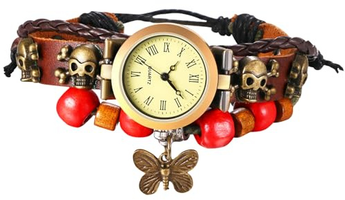 Silverora Montres-bracelets rétro en cuir pour femme : vintage multicouche tressé tête de mort montres à quartz analogique pour femmes bracelet en perles PU montre avec papillon cadeaux pour femmes