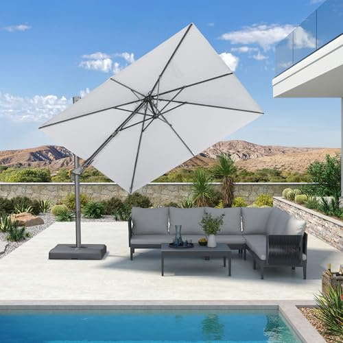 PURPLE LEAF Sonnenschirm Twist 250 x 250 cm Ampelschirm aus Acrylimitat, Beidseitig Axial Schwenken, Alu Gartenschirm mit Kurbel, 360° Drehbar, UV-Schutz 50+, Kieselgrau