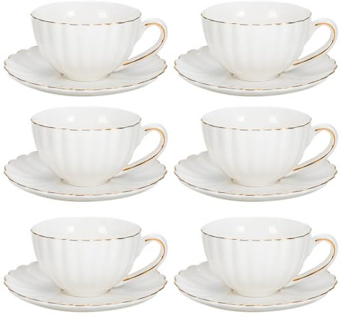 Prefdo Porcelain Tea Cups and Saucers Set of 6, British Style Ceramic Tea Cup Coffee Mug Espresso Cup White Tea Cup Set for Women Home Kitchen Office Coffee Shop Tea Party, 200ml/7 OZ