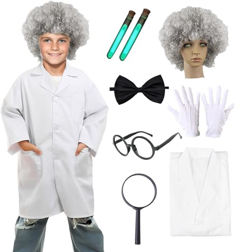 HarnyLoom Disfraz de Científico Niños, Disfraz de Médico Infantil Ciencia Niñas Peluca Bata de Laboratorio con Gotero Gafas Lupa Fiesta Carnaval Halloween Cosplay (M (3-5 años))