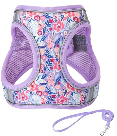JUFOO Light Purple Flower Pattern Dog Harness and Leash Set,No Escape Puppy Harnesses for Training Walking,Breathable Adjustable Puppy Vest for Small Medium Dogs, Cats (Light Purple, XXS)