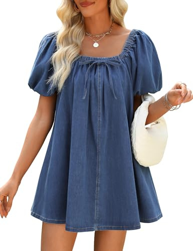 Fengbay Jeansklänning dam sommar, puff kortärmad casual jeansklänning fyrkantig hals fritidsklänning denim klänningar med fickor, blå, M