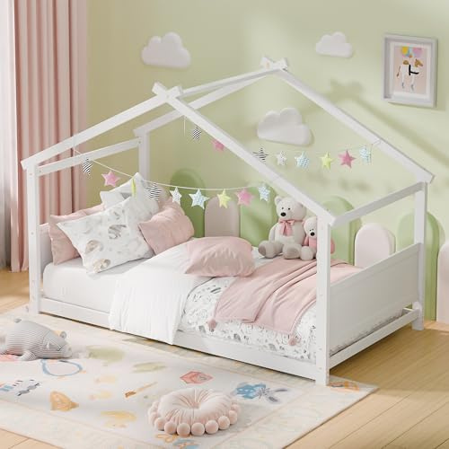 Redpick Twin House Bed, Montessori Floor Bed with Headboard & Footboard, Solid Wood Bed Frame for Toddlers Teens Bedroom (White, House Bed)