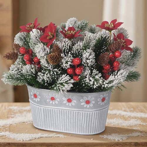 HOPEME - Decorazioni Natalizie per Centrotavola, Rami Artificiali di Pino Norfolk con Fiori di Stella di Natale, Pigne e Bacche in Vaso di Metallo – Composizione Floreale Natalizia per Tavolo da