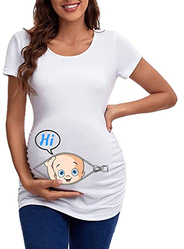 Ropa de Maternidad Top Verano Camisetas Embarazadas Manga Corta Camiseta Casual Ropa de Embarazo Divertida Huella Embarazada