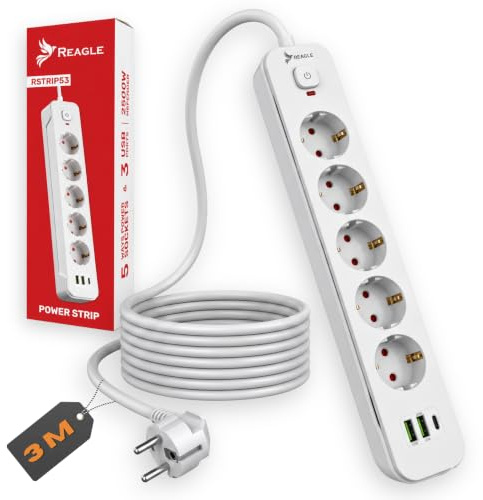 Reagle Grenuttag 5 Uttag 230V med USB, Förlängningssladd 3M, 2x USB-A 1x USB-C, Eluttag med Strömbrytare, 2500W, Överspänningsskydd för Hem och Kontor, Vit