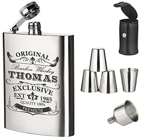 polar-effekt 7-TLG. Edelstahl Flachmann Geschenk-Set mit Personalisierte Gravur - Schnapsflasche 195ml mit Trichter und 4 Becher - Geschenkidee für Männer - Motiv Original-Exklusive