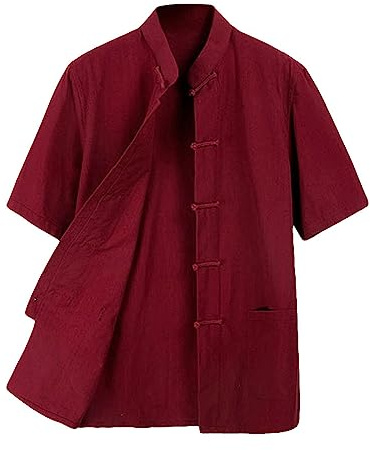 ZooBoo Men 's Tang Suit Summer Short - sleeved Shirt Cotton Shirts (XXL, Wine Red)