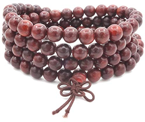 Senlinmu 108 Perles en Bois de Santal Naturel Collier/Bracelet Chaîne Chapelet 8mm-Perles Tibétain Bouddhiste Bouddha Mala Chinois Noeud Élastique Homme Femme
