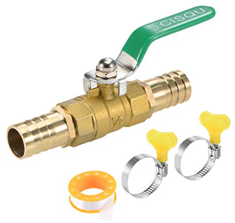 Sourcing map Vanne d'arrêt à boisseau sphérique 19 mm à 19 mm Barbe de tuyau, raccords de tuyau, valve en laiton avec colliers de serrage et ruban d'étanchéité fileté, 1 lot