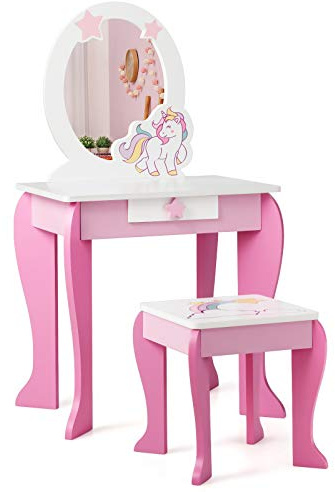 GIANTEX Set di Specchiera e Sgabello per Bambini, Tavolo da Trucco Giocattolo in Legno con Cassetto, Ideale Regalo per Ragazze di 3-7 Anni, con Portata di 15kg, 49x35,5x89cm (Rosa)