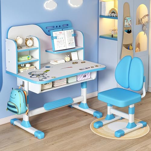 Kripyery Kinder-Schreibtisch- und Stuhl-Set, verstellbar, für Mädchen, Jungen, Schule, Hausaufgaben, Studiertisch, ergonomische Schreibtische mit großer Schreibtafel, Bücherregal und Schublade, Blau