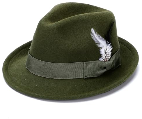 Geebuzz Fedora Hats for Men Women Classic Short Brim Felt Manhatta Fedora Hat with Feathers Band (UK, Alpha, One Size, Feather-Green)