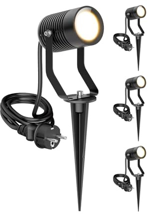 ledscom.de 4 st SHINGA trädgårdsstrålkastare med jordspett för utomhusbruk, IP65, stickkontakt, svart, inkl. GU10 LED-lampa 630 lm, varmvitt