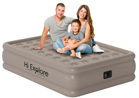 Hi Explore Air Mattress Full with Built in Pump Raised, with Comfortable Plush, Inflatable Blow Up Mattress, Portable Airbed for Home, Guests, Camping(Khaki, 18” Height)