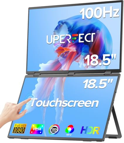 UPERFECT Delta 18.5 100Hz Double Écran Tactile Portable 1080P, Moniteur Pliable Empilé avec Béquille Intégrée, Compatible VESA, Extension d'Écran PC Portable et PC