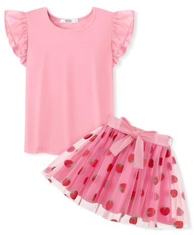 Arshiner Vestido para Niñas Conjunto Verano Manga Corta Camiseta Rosa con Falda Vestido Informal para Niños Noche Elegante De Moda Ropa Festiva con Cinturón 5-6 Años