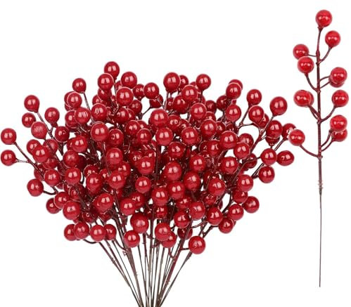 LATRAT 20 pezzi di rami di bacche artificiali, bacche rosse, bacche artificiali rosse, bacche rosse, decorazioni natalizie per albero di Natale, decorazioni fai da te, matrimoni, feste invernali