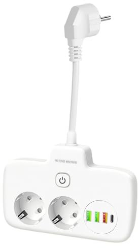 Multiprise Electrique USB C, Prise Multiple avec Interrupteur Individuel Bloc Prise 3 Prises Murale avec Chargeur Adaptateur pour Maison, avec rallonge de 0,1 m, Blanc