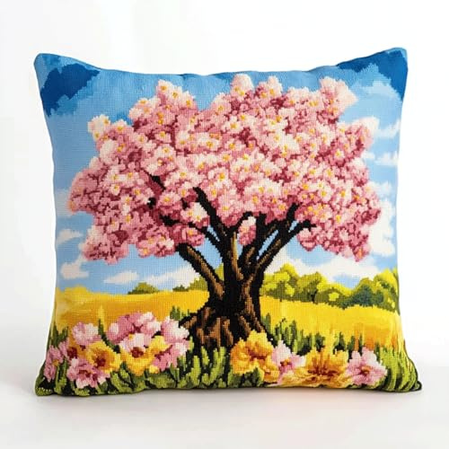 ASONGLINGO Kit de almohada de gancho de pestillo para adultos,patrones preimpresos, funda de almohada de costura, hilos de ganchillo, cojín de gancho 43x43cm(Árbol de flores rosas)