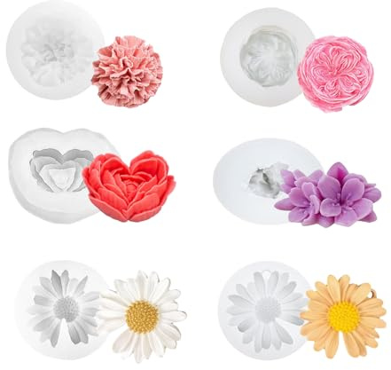 6 stycken 3D-silikonform blommor ljus gjutformar blomset – rosor nejlika tusensköna silikonformer, hållbar och diskmaskinssäker, för gör-det-själv-ljus, tvålar, epoxiharts och choklad, flexibel