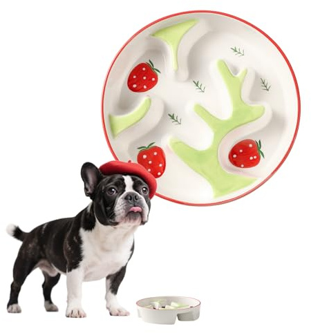 Comedero Antivoracidad Perro de Cerámica - Plato Comida para Perros medianos y Grandes, Control de porciones - Laberinto Bonito para alimentación Lenta - 310 g - Serie Doodle Fresa