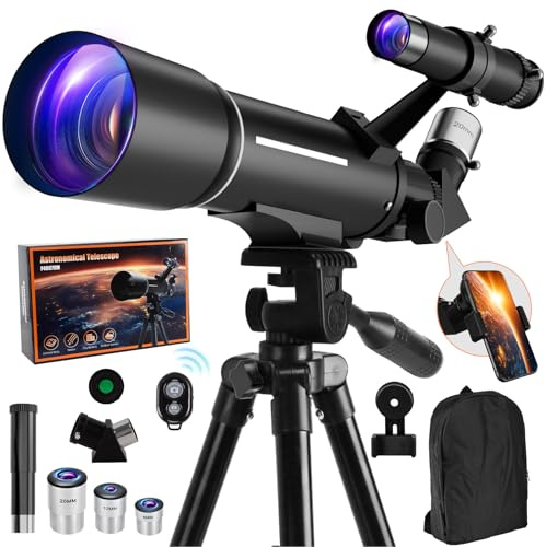 Télescope pour enfants et adultes, ouverture de 70 mm, télescopes réfracteurs de 400 mm pour débutants en astronomie avec trépied à monture AZ, filtre lunaire, adaptateur de téléphone et sac à dos