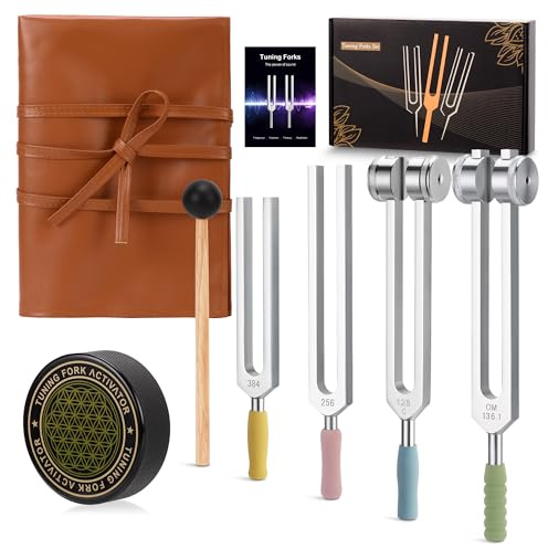 DiDiBirDi Stimmgabel Set 4 Stimmgabeln (128 Hz, 136.1 Hz, 256 Hz, 384 Hz),mit PU-Leder Etui & Aktivator, für die Yoga, Meditation, Chakra Balance, Entspannung