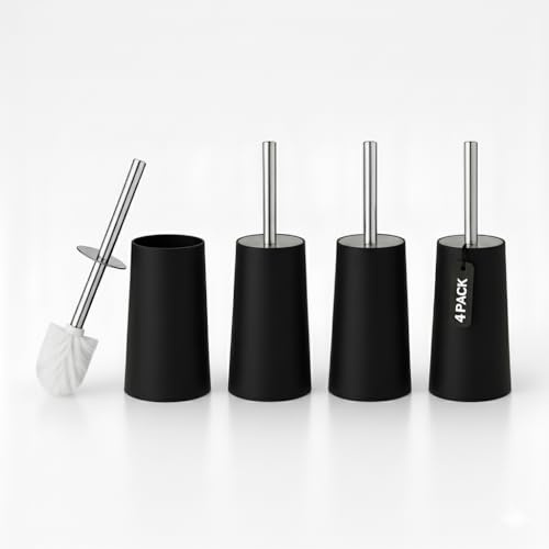 Toilet Brush & Holder | Modern Loo Brush set with elegant design | Toilet Cleaner Brush with Stainless Steel handle | Compact and efficient Toilet Brush set (4 Unit Black)
