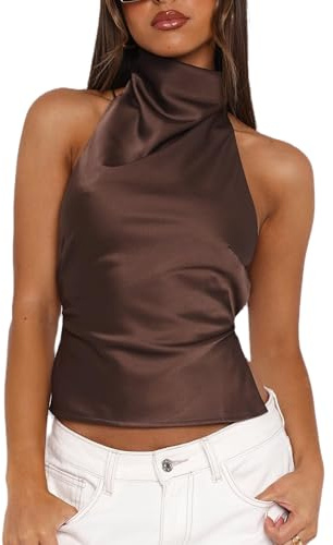 Lshyuehao Women Y2K Sleeveless Halter Neck Satin Top Open Back Mock Neck V Neck Cami Blouse Beach Party Going Out Streetwear (B-Dark Brown, S)