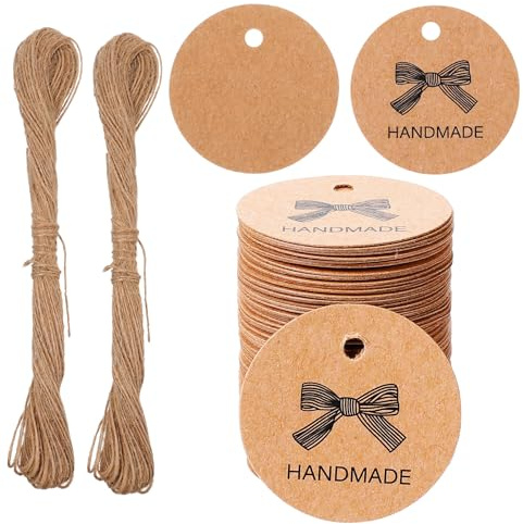 DOPENSPI 200 etiquetas de regalo de papel de estraza hechas a mano con cordón de yute de 40 metros, 3 cm, redondas, etiquetas de papel marrón, etiquetas decorativas colgantes hechas a mano