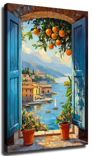 Mediterranean Seaside View Wall Art, Open Blue Shutter Window Wall Art, Orange Tree and Harbor Landscape, Coastal Village Canvas Decoration (Framed,Wrapped Canvas,24 * 36inch)
