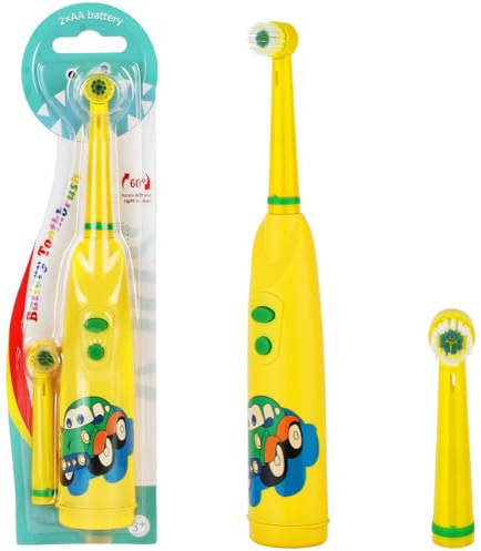 OSDUE Spazzolino Elettrico, Spazzolino a Batteria per Bambini con 2 Pezzi Testina Dello Spazzolinos Vibrazione Morbido Setole Morbide Impermeabile IPX5 Per Cura Dei Denti Ragazzi e Ragazze, Giallo