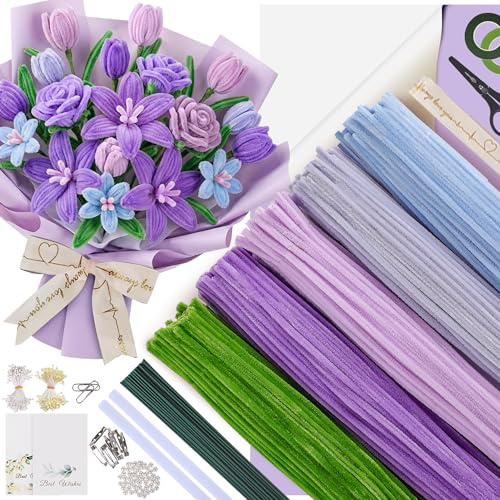 EARLY MINDS 500 Stück Pfeifenreiniger Blumen Set, 5 Farben Pfeifenputzer zum Basteln + Blumendrahtstiele, Staubblätter, Floristentape, Band, Zubehör & Anleitung für Blumenstrauß DIY Geschenke (Lila)