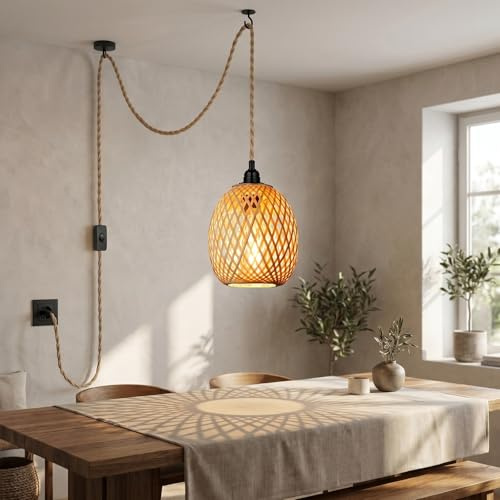 Hängande lampa, kit med strömbrytare, vintage, pendellampa, 4,5 m, hamparep, lampkabel, E27, lamputtag, boho, rotting taklampa, hängande lampa, bambu, dekoration, hängande lampa för bondgård, hem