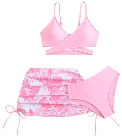 Conjunto de bikini de 3 piezas para niñas, conjunto de bikini de cintura alta con faldas, trajes de baño de secado rápido con faldas, trajes de baño de verano para piscina para adolescentes, Pink2, 9