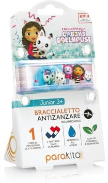 PARAKITO - Braccialetto Antizanzare - 2 Ricariche Incluse - 1 Mese Di Protezione - Senza DEET - Modello La Casa delle Bambole di Gabby FAMILY - Taglia Junior 3+
