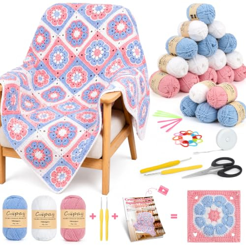 Coopay Granny Square - Set de ganchillo para principiantes y profesionales, juego completo de ganchillo para tejer mantas, set de ganchillo con hilo para tejer, instrucciones, tutorial en video, juego
