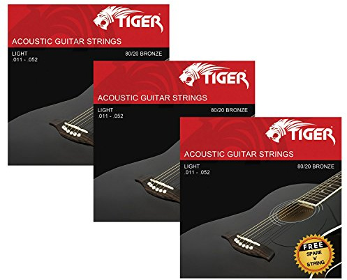 Tiger Akustiska gitarrsträngar – paket med 3 superlätta (11-52) set