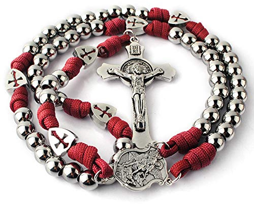 HanlinCC Large and Heavy Stainless Steel Beads Rugged Durable Paracord Rosary Necklace for Men with St.Michael Center Piece and St.Benedict Crucifix (Burgundy Paracord Rosary)