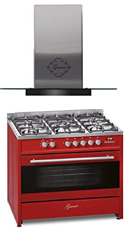 GURARI Gas Elektro Standherd GCH E 911 R+ GCH T 466 IS 90 BL Prime, 90 cm/Range Coocker / 121L / 8 Funktionen/Erdgas/Propangas/Edelstahl/Inkl. WOK Adapter + Dunstabzugshaube 90 cm 1000m³/h