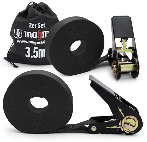 MAGMA 2 Correas de Trinquete 3,5m, 800Kgf/unit. Cinchos, Cinchas de Amarre, Eslingas con Carraca, Remolque Baca Kayak Tabla de Surf Piraguas Canoa Bicicleta Moto, Longitud Ajustable. Negro