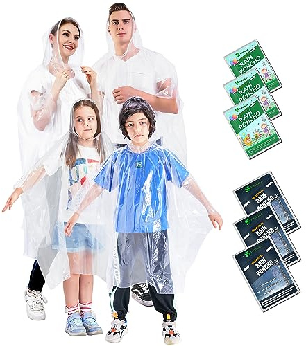SWOGAA Disposable Rain Ponchos for Kids and Adults (Family 6 Pack) -50% Extra Thicker Men or Women Waterproof Emergency Rain Ponchos with Hood - Clear