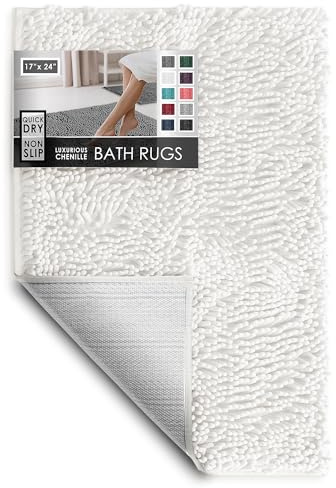 Hearth & Harbor Bathroom Rugs, Chenille Bath Mat - Machine Washable Bath Mats for Bathroom Non-Slip Backing Rubber, Quick Dry Bathroom Mat, Small White