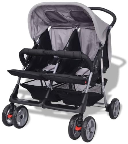 Ailgely Zwillingskinderwagen Geschwisterwagen Klappbares Design, bis 30 kg (2X 15 kg) für Zwillinge und Brüder von 0 Monaten, Kinderwagen Baby Kinder Kinderbuggy Reisebuggy Stahl Grau und Schwarz