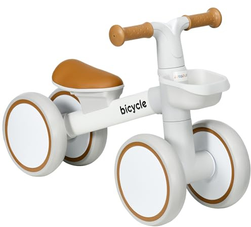 AIYAPLAY Bicicleta sin Pedales para Niños de 12-36 Meses Bicicleta de Equilibrio con Asiento Ajustable Cesta y 4 Ruedas Silenciosas Carga 20 kg 56x27x39 cm Blanco y Marrón