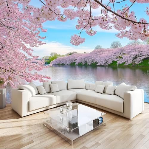 Lake Non-Woven Wallpaper Pink Cherry Blossoms in Full Bloom 3D Wall Art Photo Wallpaper Wall Mural Home Bedroom Living Room Poster Decoration W350 x H256 cm